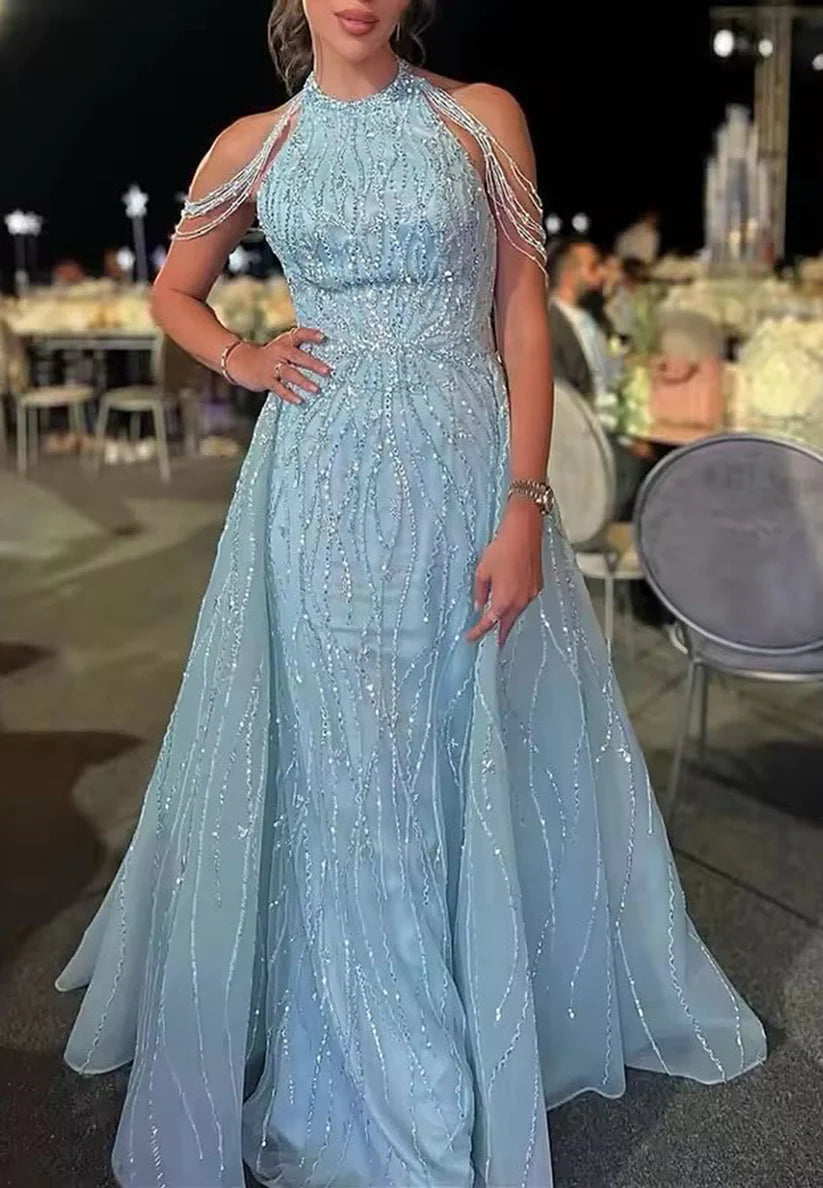 Halter Sleeveless Beaded Embroidery Sheath Sparkly Evening Dress simple gentle atmospheric and unique desi Bring summer colors to enhance whiteness