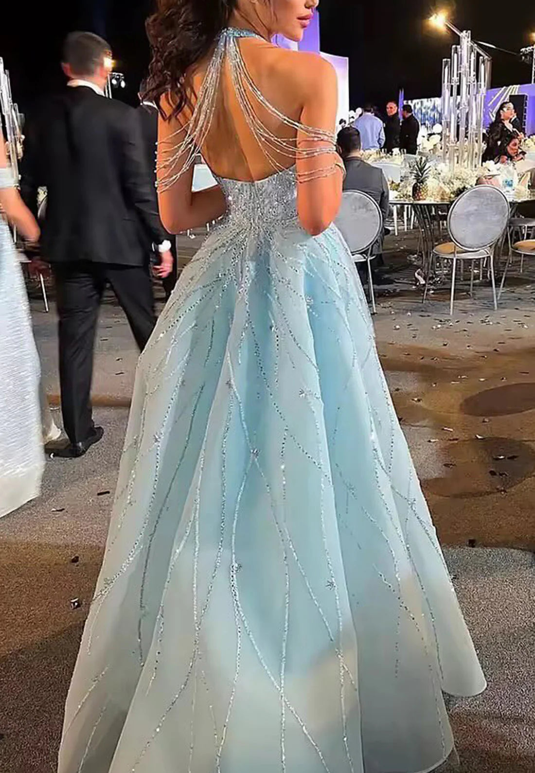 Halter Sleeveless Beaded Embroidery Sheath Sparkly Evening Dress simple gentle atmospheric and unique desi Bring summer colors to enhance whiteness