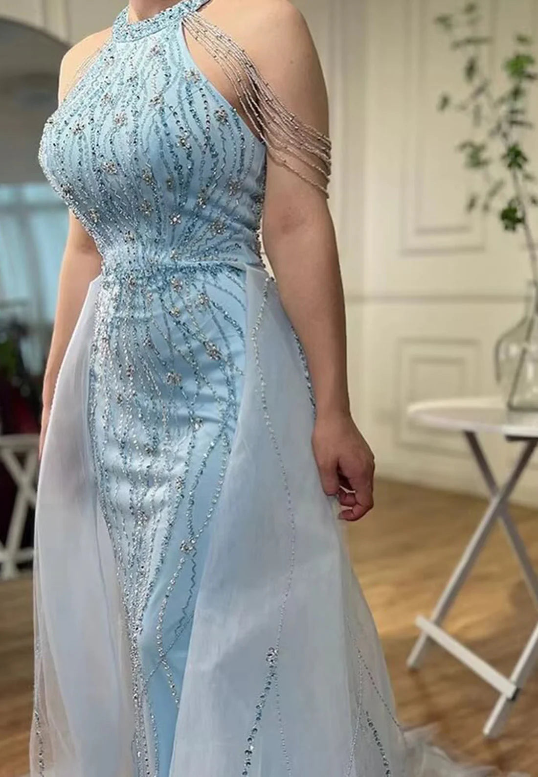 Halter Sleeveless Beaded Embroidery Sheath Sparkly Evening Dress simple gentle atmospheric and unique desi Bring summer colors to enhance whiteness