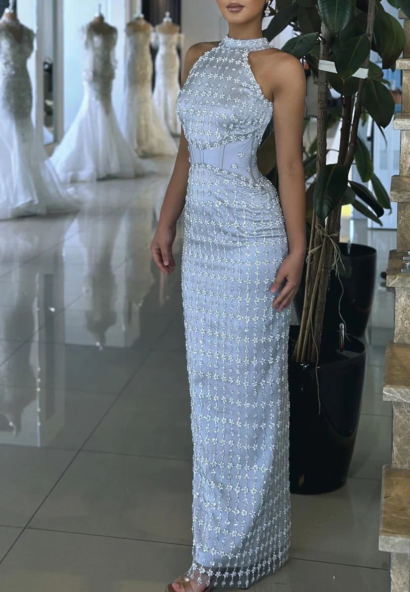 Halter Sleeveless Beaded Embroidery Sparkly Mermaid Evening Dress simple gentle atmospheric and unique desi Bring summer colors to enhance whiteness