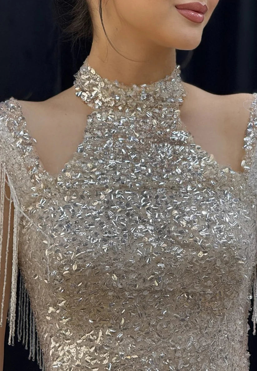 Halter Sleeveless Beaded Fringe Sheath Sparkly Prom Dress simple gentle atmospheric and unique desi Bring summer colors to enhance whiteness