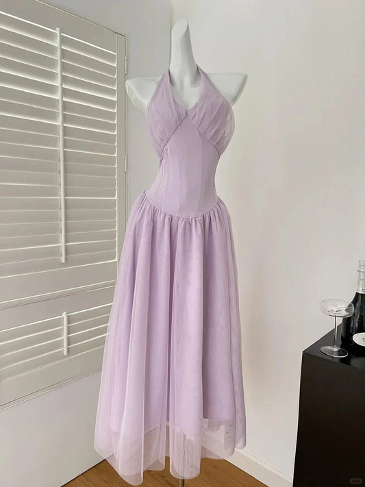 Halter V-Neck Temperament Waist Dress simple gentle atmospheric and unique desi Bring summer colors to enhance whiteness