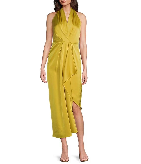 Hazel Surplice V-Neck Sleeveless Satin Asymmetrical Hem Midi Dress simple gentle atmospheric and unique desi Bring summer colors to enhance whiteness