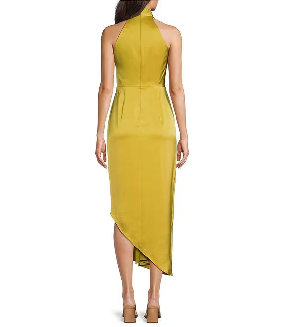 Hazel Surplice V-Neck Sleeveless Satin Asymmetrical Hem Midi Dress simple gentle atmospheric and unique desi Bring summer colors to enhance whiteness