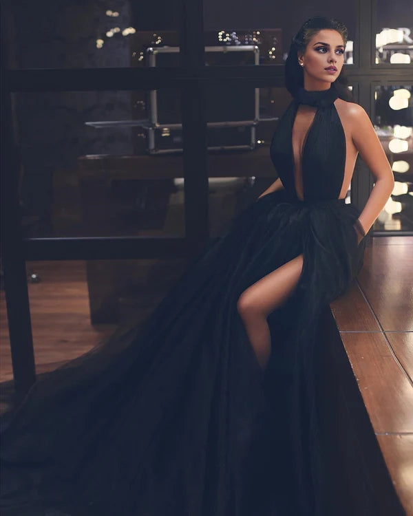 High Neck Black Tulle Prom Dress Ball Gown Sleeveless Simple gentle atmospheric and unique design