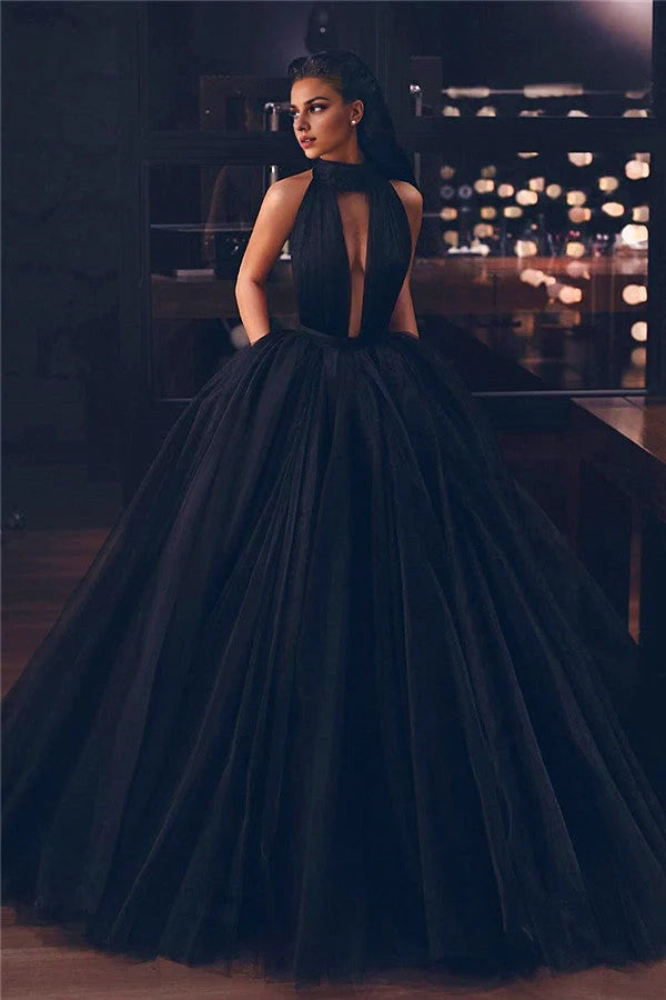 High Neck Black Tulle Prom Dress Ball Gown Sleeveless Simple gentle atmospheric and unique design