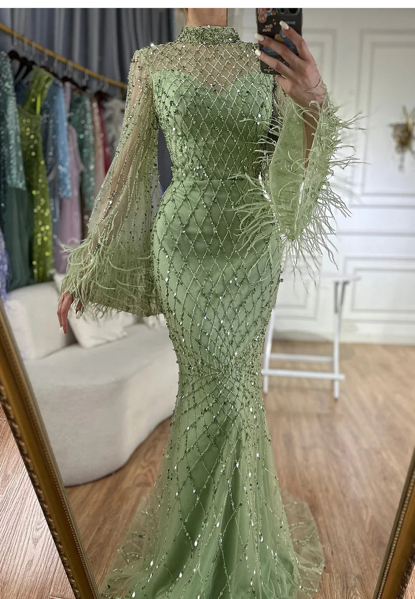 High Neck Long Sleeves Beaded Embroidery Sparkly Mermaid Evening Dress simple gentle atmospheric and unique desi Bring summer colors to enhance whiteness