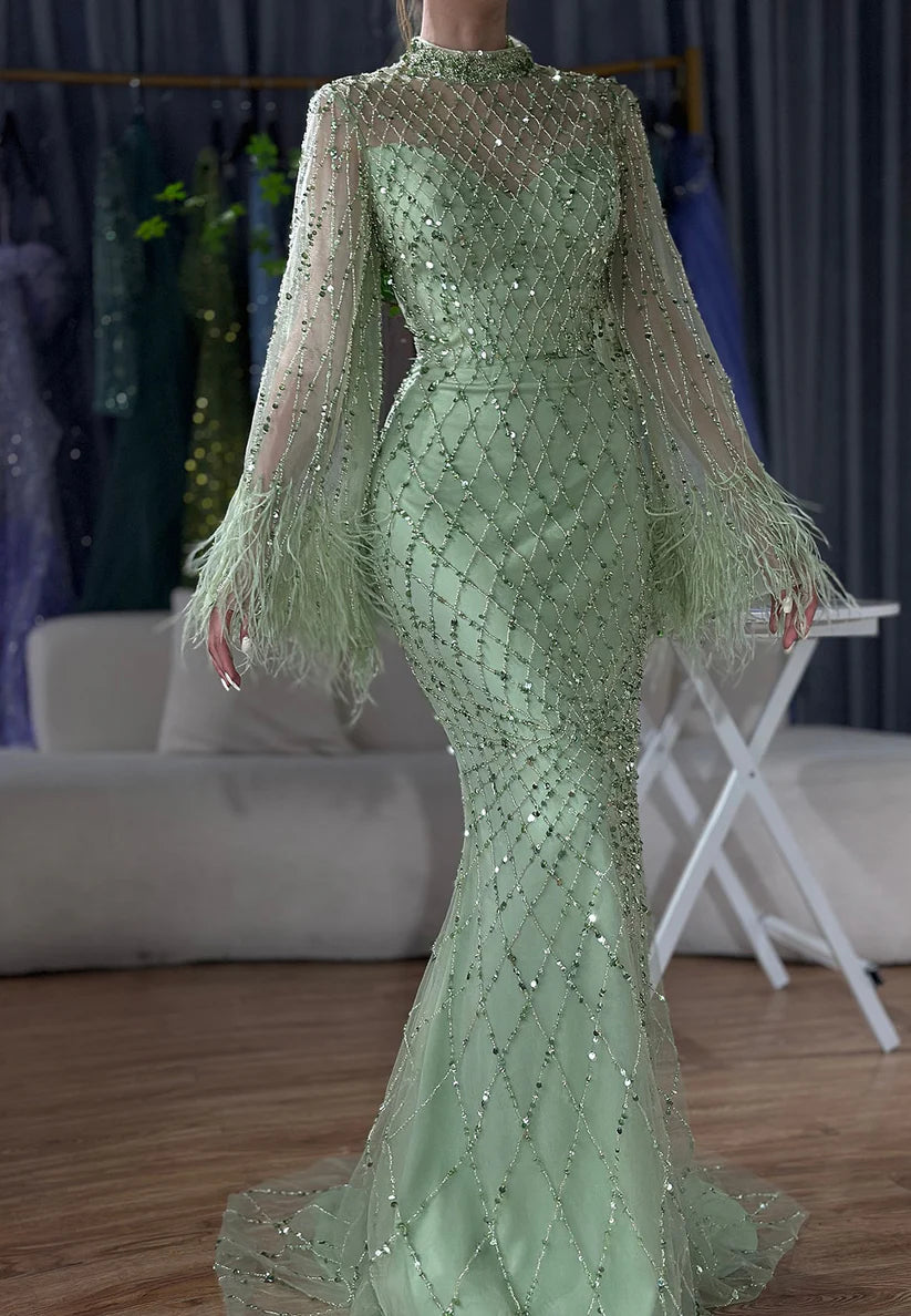 High Neck Long Sleeves Beaded Embroidery Sparkly Mermaid Evening Dress simple gentle atmospheric and unique desi Bring summer colors to enhance whiteness