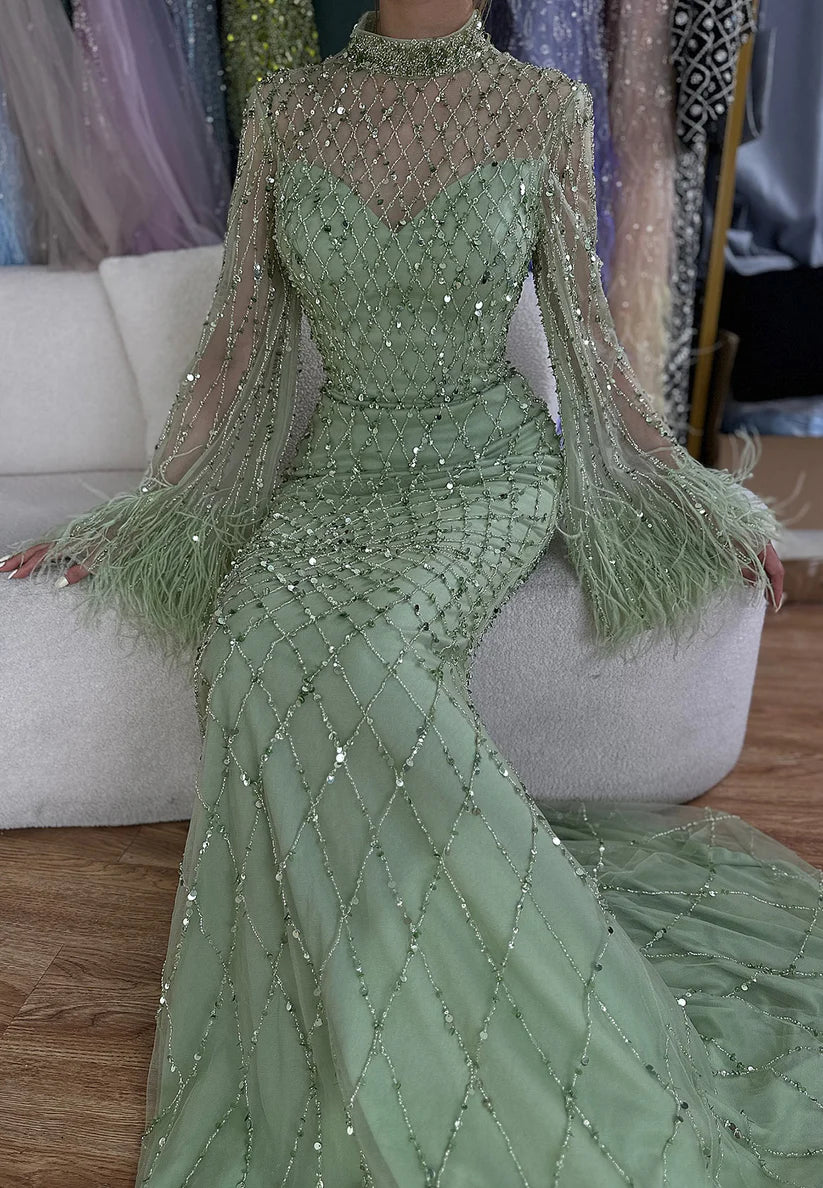 High Neck Long Sleeves Beaded Embroidery Sparkly Mermaid Evening Dress simple gentle atmospheric and unique desi Bring summer colors to enhance whiteness