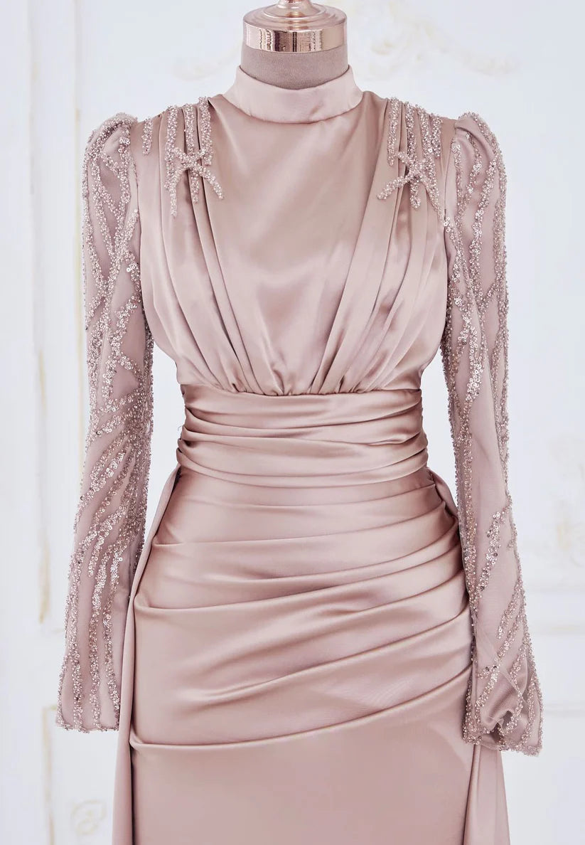 High Neck Long Sleeves Beaded Formal Dress Pleated Sheath Mother of Bride Dress simple gentle atmospheric and unique desi Bring summer colors to enhance whiteness