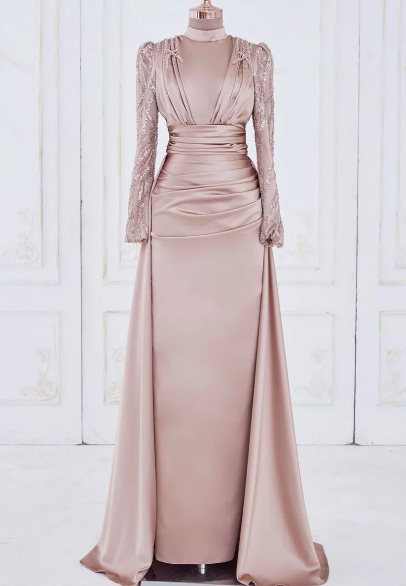 High Neck Long Sleeves Beaded Formal Dress Pleated Sheath Mother of Bride Dress simple gentle atmospheric and unique desi Bring summer colors to enhance whiteness