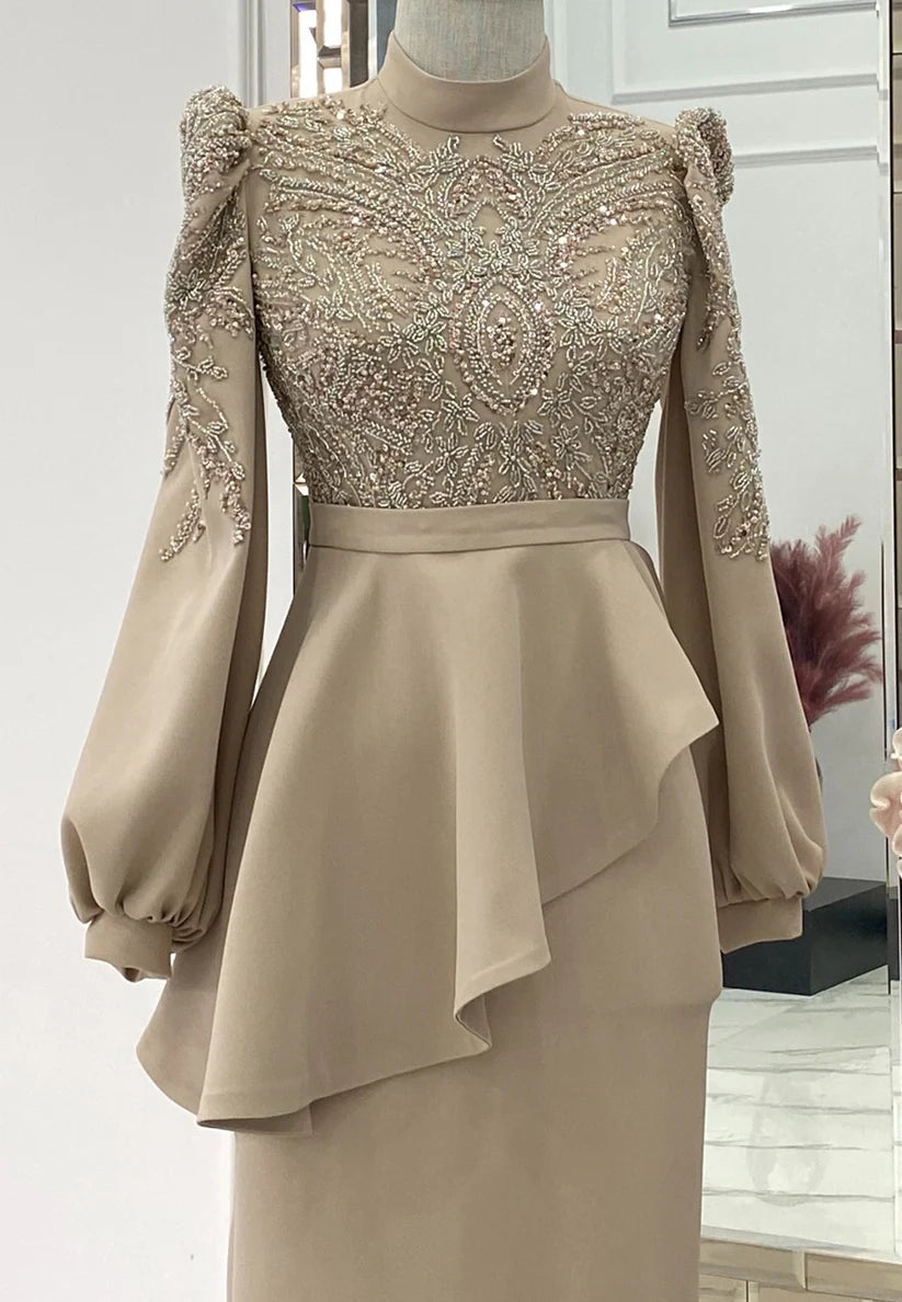 High Neck Long Sleeves Beaded Ruffled Sheath Mother of Bride Dress simple gentle atmospheric and unique desi Bring summer colors to enhance whiteness