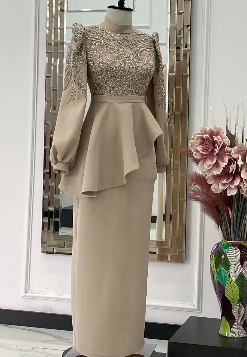 High Neck Long Sleeves Beaded Ruffled Sheath Mother of Bride Dress simple gentle atmospheric and unique desi Bring summer colors to enhance whiteness