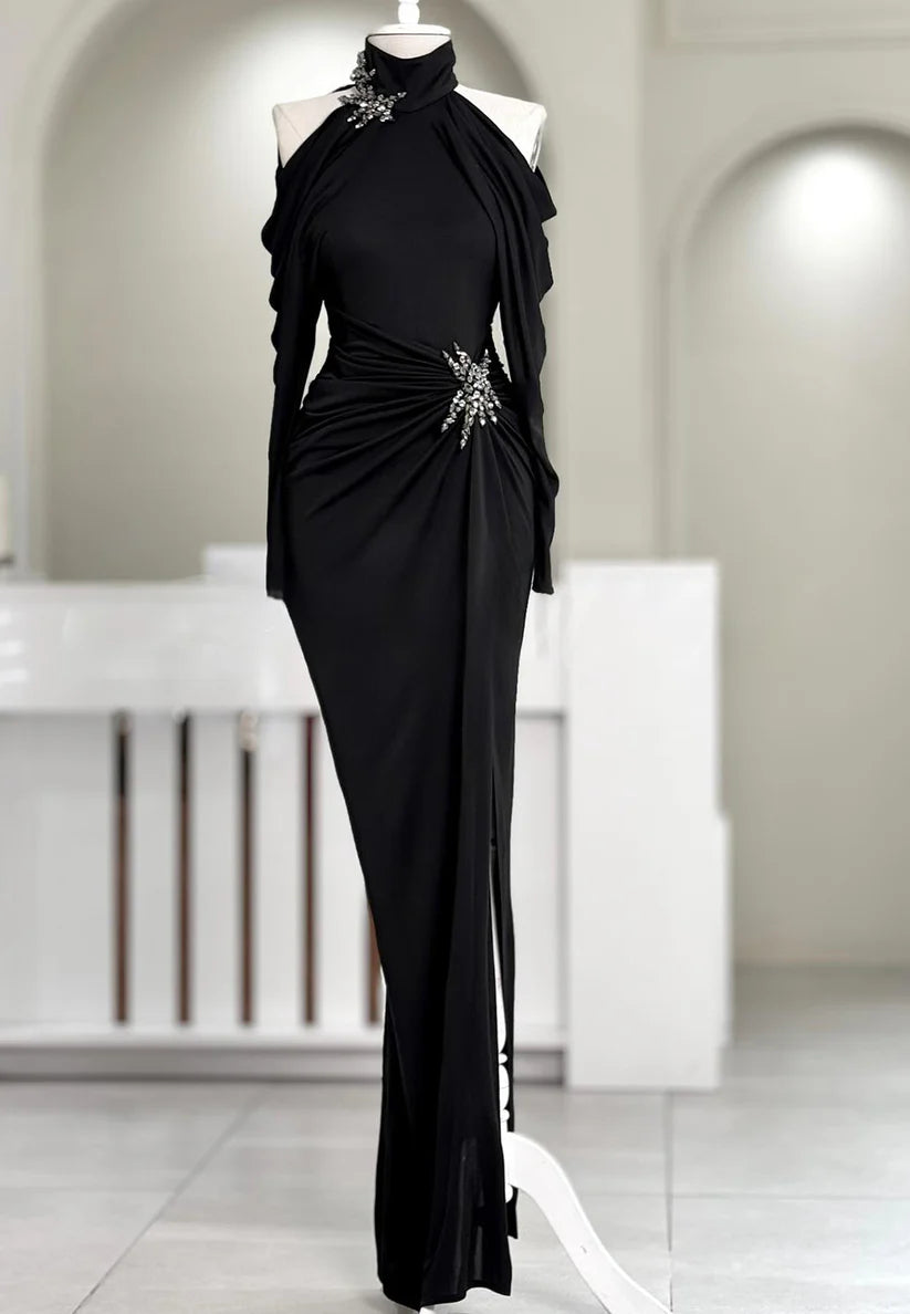 High Neck Long Sleeves Beaded Side Slit Mermaid Evening Dress simple gentle atmospheric and unique desi Bring summer colors to enhance whiteness