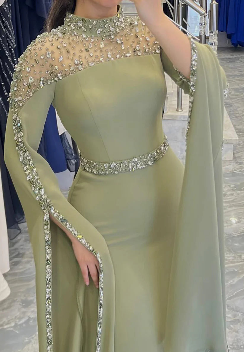 High Neck Long Sleeves Beaded Sleek Sheath Formal Dress simple gentle atmospheric and unique desi Bring summer colors to enhance whiteness ﻿