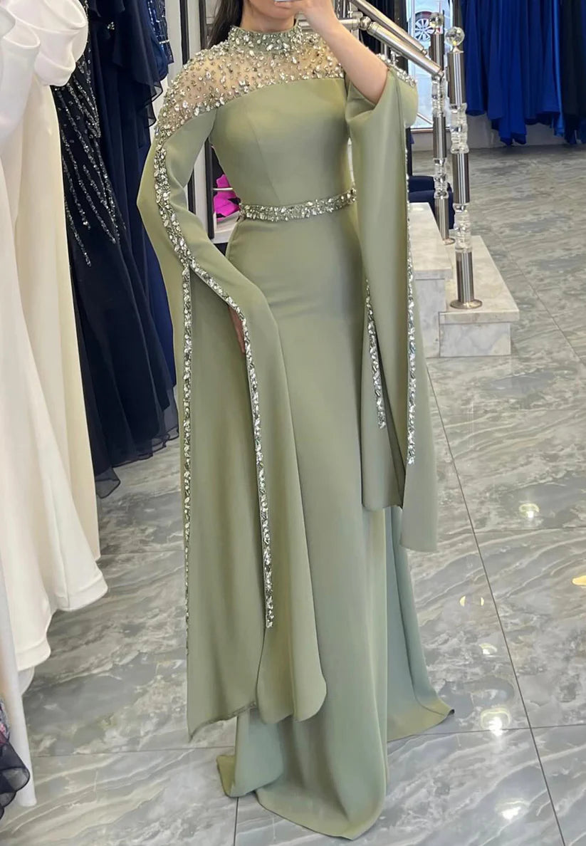 High Neck Long Sleeves Beaded Sleek Sheath Formal Dress simple gentle atmospheric and unique desi Bring summer colors to enhance whiteness