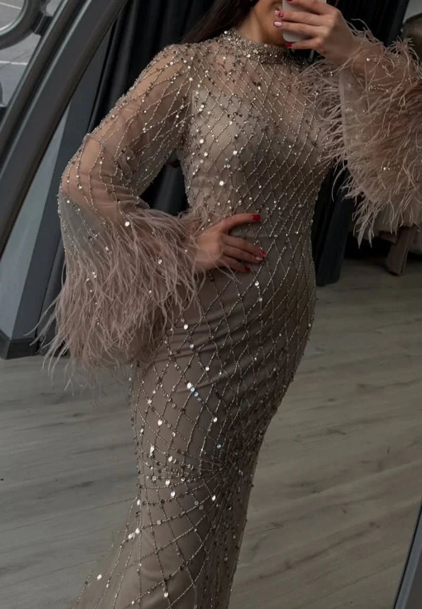 High Neck Long Sleeves Feathered Beaded Mermaid Evening Dress simple gentle atmospheric and unique desi Bring summer colors to enhance whiteness