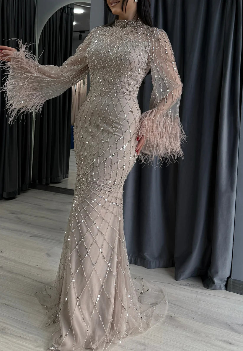High Neck Long Sleeves Feathered Beaded Mermaid Evening Dress simple gentle atmospheric and unique desi Bring summer colors to enhance whiteness