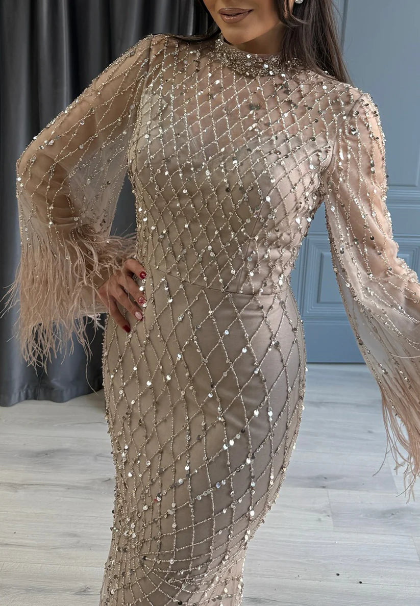 High Neck Long Sleeves Feathered Beaded Mermaid Evening Dress simple gentle atmospheric and unique desi Bring summer colors to enhance whiteness