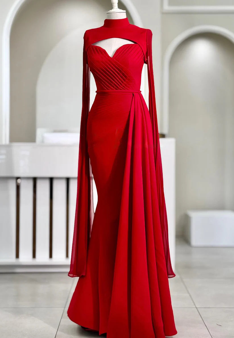 High Neck Long Sleeves Pleated Mermaid Formal Dress simple gentle atmospheric and unique desi Bring summer colors to enhance whiteness