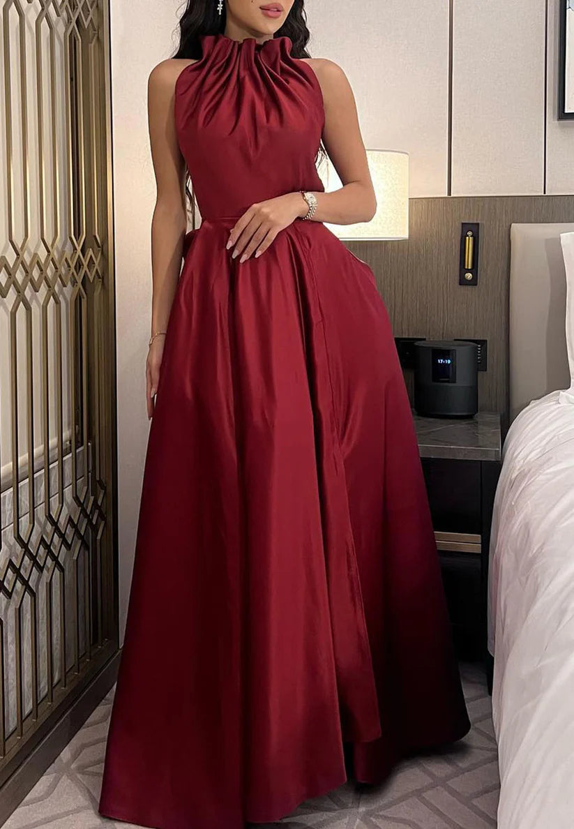 High Neck Sleeveless Ruched Pleated Satin A-Line Evening Dress simple gentle atmospheric and unique desi Bring summer colors to enhance whiteness