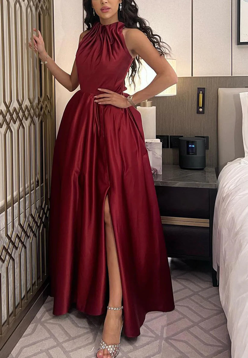 High Neck Sleeveless Ruched Pleated Satin A-Line Evening Dress simple gentle atmospheric and unique desi Bring summer colors to enhance whiteness