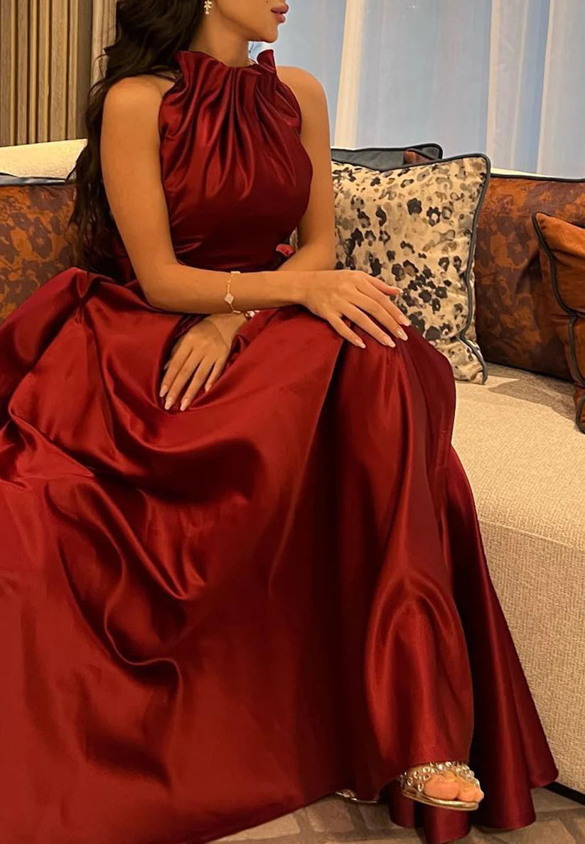 High Neck Sleeveless Ruched Pleated Satin A-Line Evening Dress simple gentle atmospheric and unique desi Bring summer colors to enhance whiteness