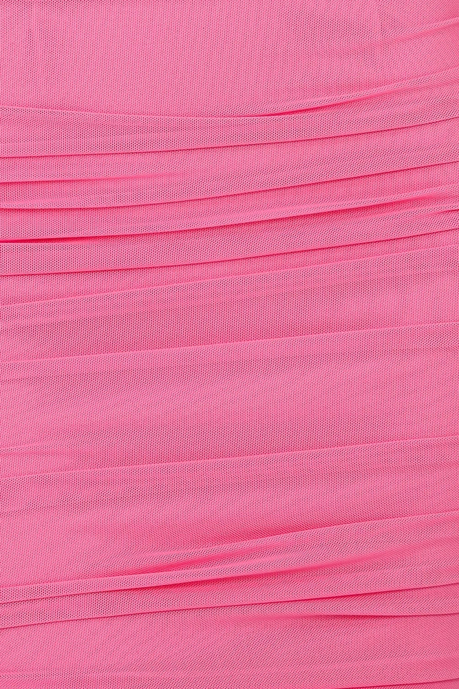 Hot Pink Ruched Spaghetti Strap Mini Dress with Wrinkle Details Short Prom Dress