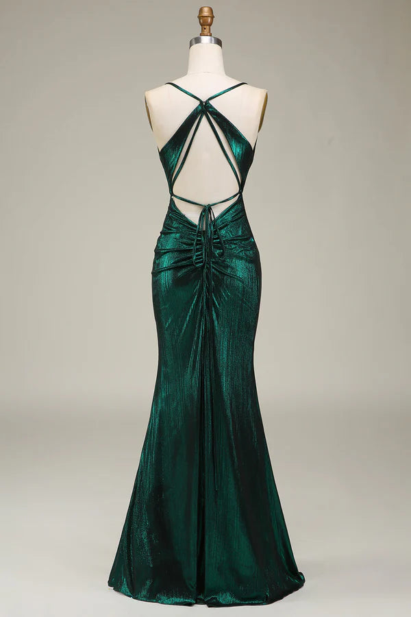 Hot Mermaid Spaghetti Straps Dark Green Long Prom Dress with Open Back Simple gentle atmospheric and unique desig