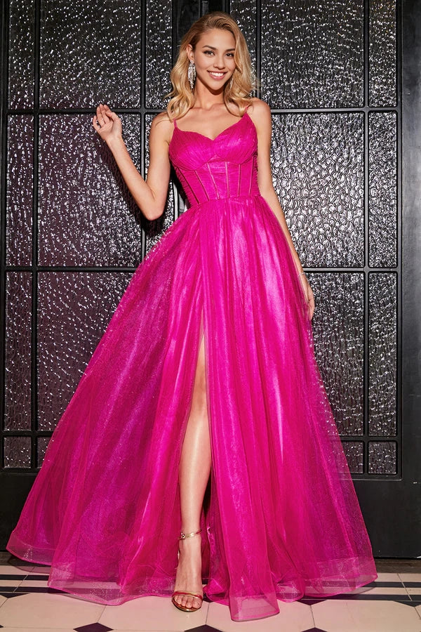 Hot Pink A-Line Spaghetti Straps Long Corset Prom Dress with Slit simple gentle atmospheric and unique desi