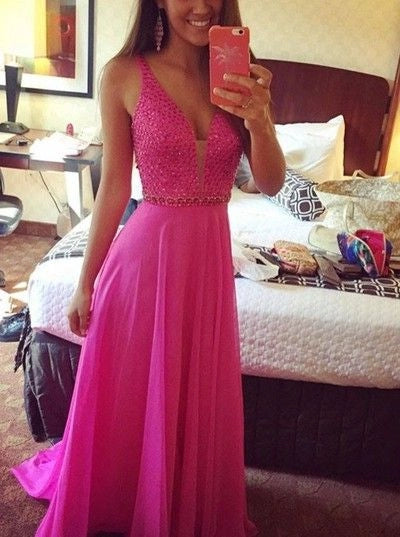 Hot Pink Beaded Prom Dresses Deep V-neck Prom Dress Sexy Evening Dresses simple gentle atmospheric and unique desi Bring summer colors to enhance whiteness