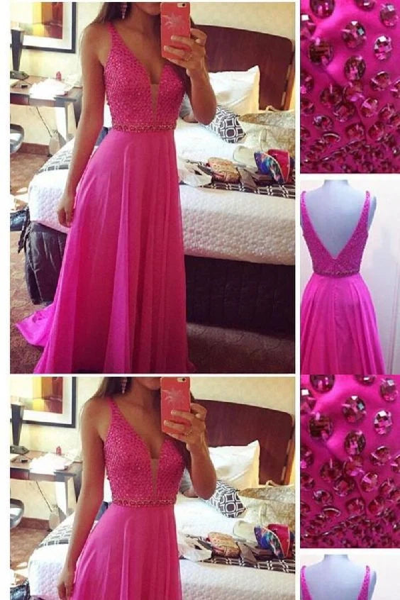 Hot Pink Beaded Prom Dresses Deep V-neck Prom Dress Sexy Evening Dresses simple gentle atmospheric and unique desi Bring summer colors to enhance whiteness