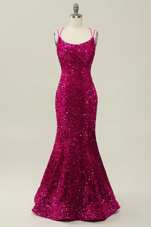 Hot Pink Sequin Spaghetti Straps Mermaid Prom Dress with Lace-up Back Simple gentle atmospheric and unique design ﻿