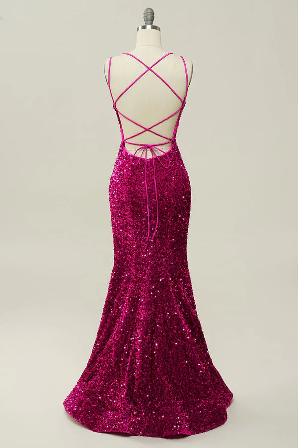 Hot Pink Sequin Spaghetti Straps Mermaid Prom Dress with Lace-up Back Simple gentle atmospheric and unique design ﻿