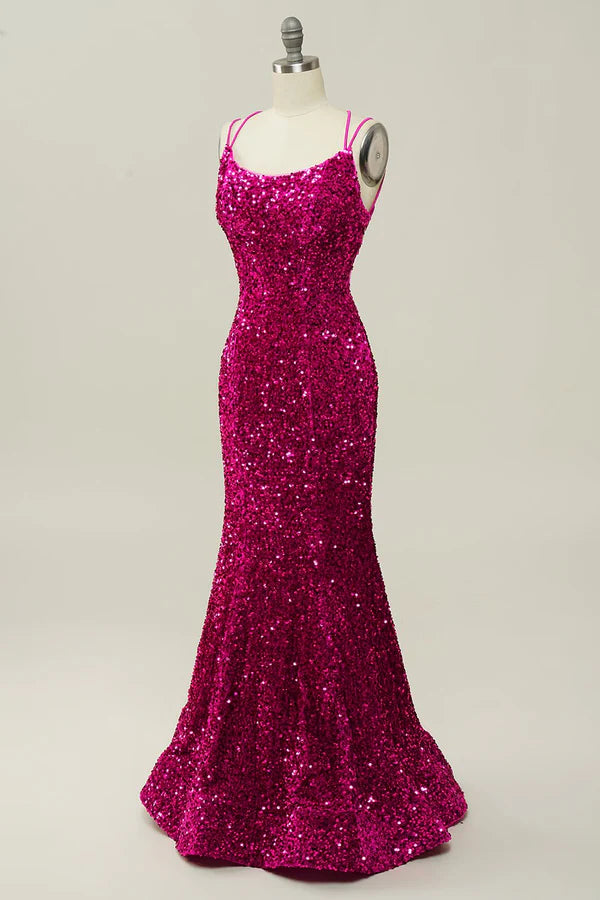 Hot Pink Sequin Spaghetti Straps Mermaid Prom Dress with Lace-up Back Simple gentle atmospheric and unique design ﻿