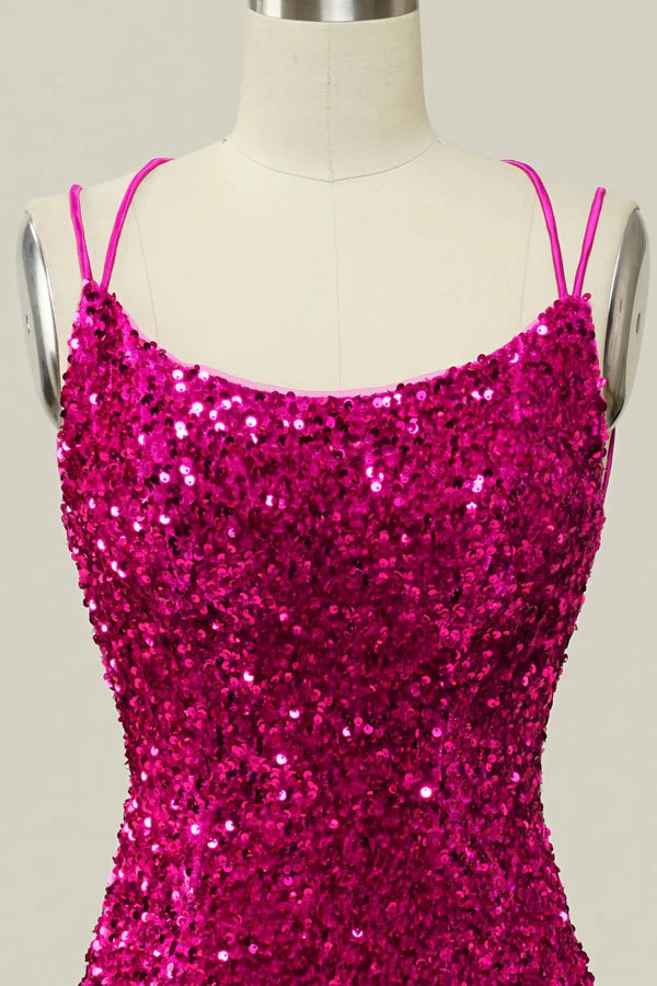 Hot Pink Sequin Spaghetti Straps Mermaid Prom Dress with Lace-up Back Simple gentle atmospheric and unique design ﻿