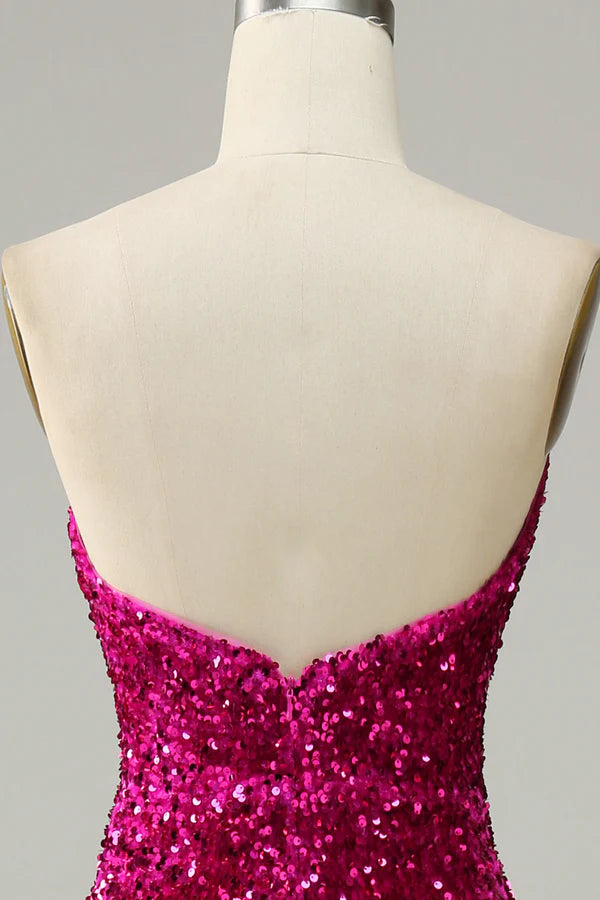 Hot Pink Strapless Sequin Prom Dress with Slit Simple gentle atmospheric and unique design