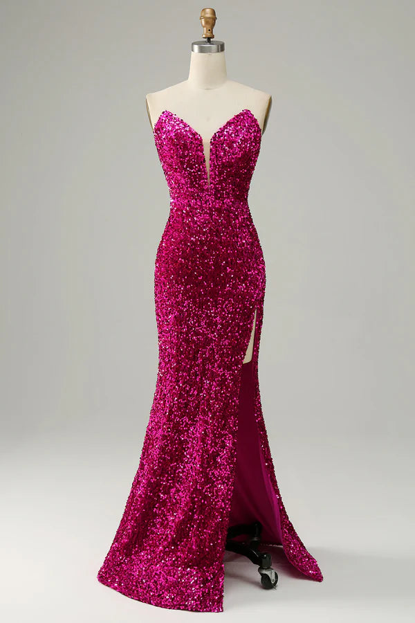 Hot Pink Strapless Sequin Prom Dress with Slit Simple gentle atmospheric and unique design
