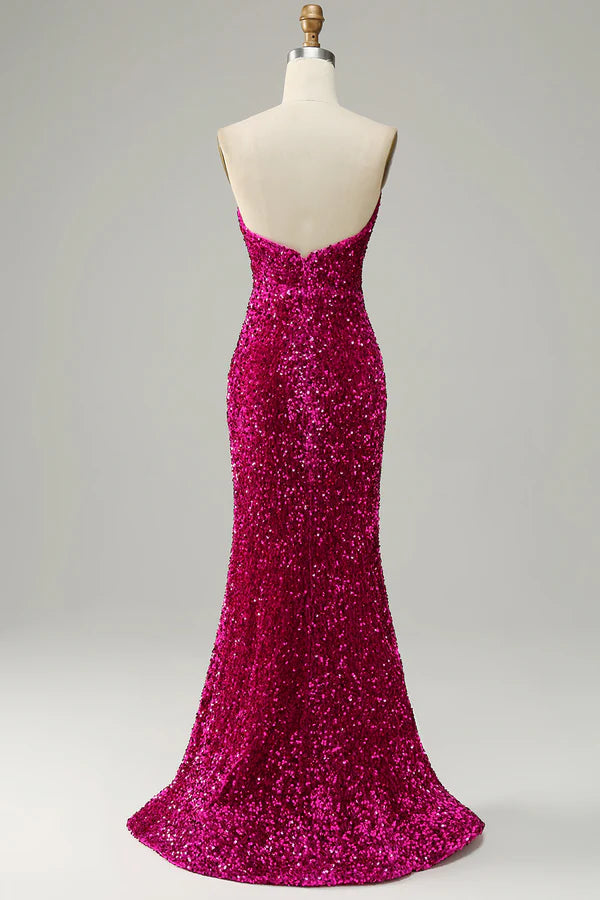 Hot Pink Strapless Sequin Prom Dress with Slit Simple gentle atmospheric and unique design