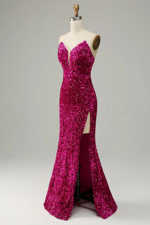 Hot Pink Strapless Sequin Prom Dress with Slit Simple gentle atmospheric and unique design