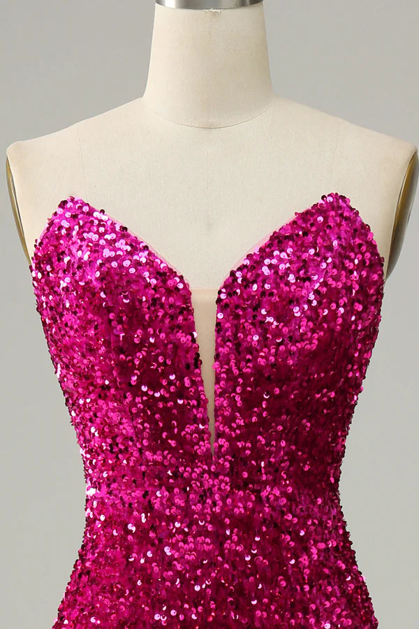 Hot Pink Strapless Sequin Prom Dress with Slit Simple gentle atmospheric and unique design