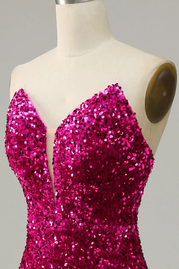 Hot Pink Strapless Sequin Prom Dress with Slit Simple gentle atmospheric and unique design