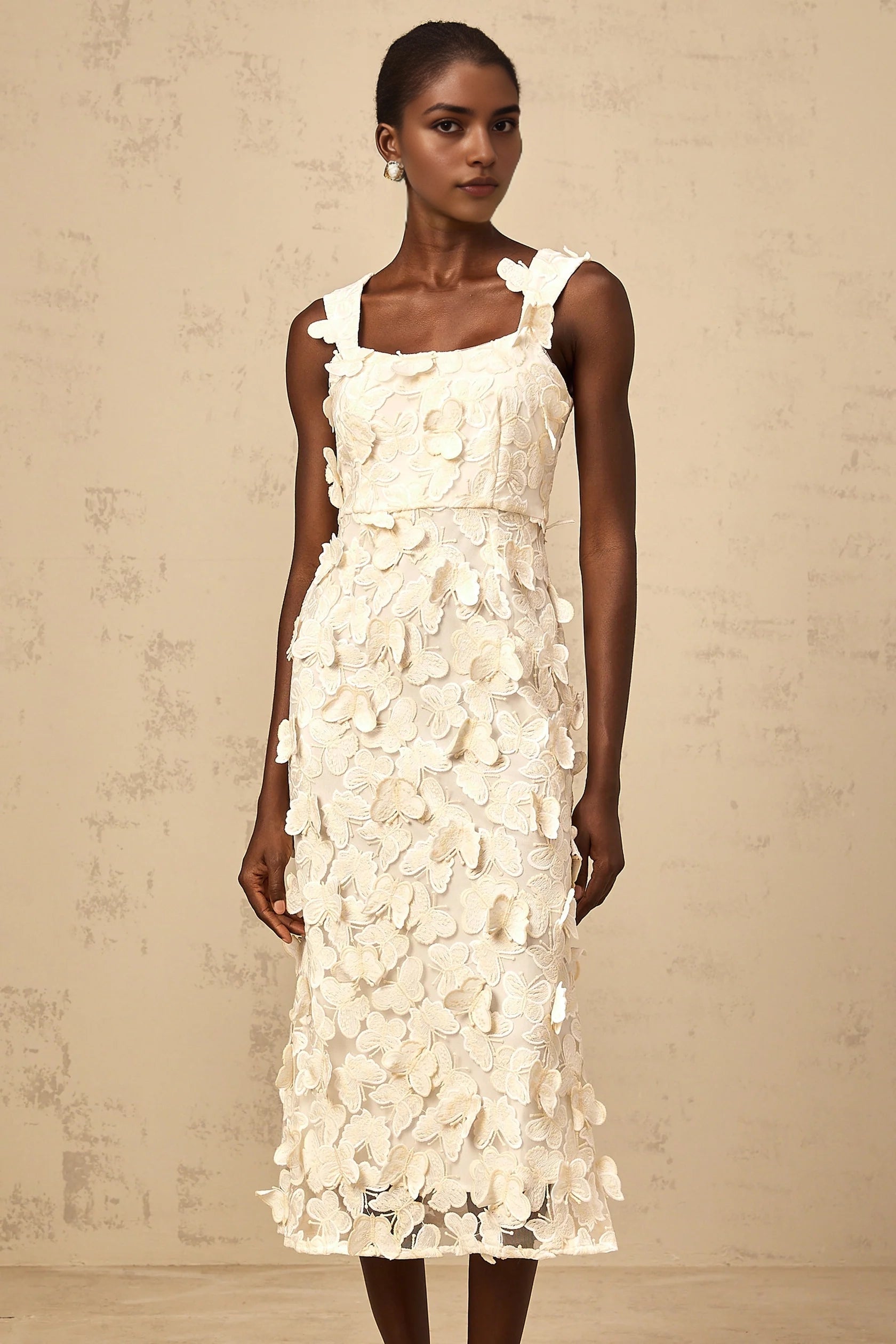 Ivory 3D Floral Appliqué Midi Dress with Square Neckline Narcisse butterfly-appliqué flared midi dress Evening Dress