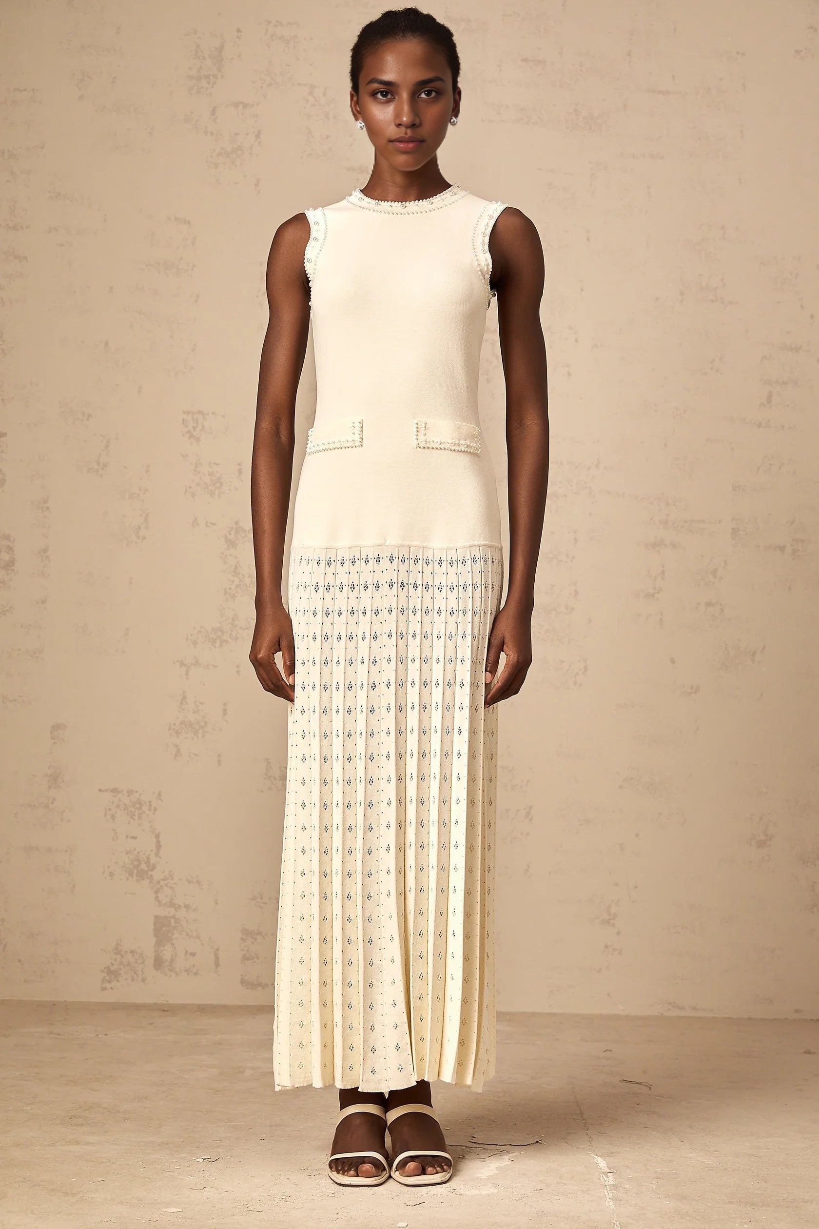 Ivory Beaded Sleeveless Pleated Maxi Dress white faux-pearl knitted maxi dress Evening Dress