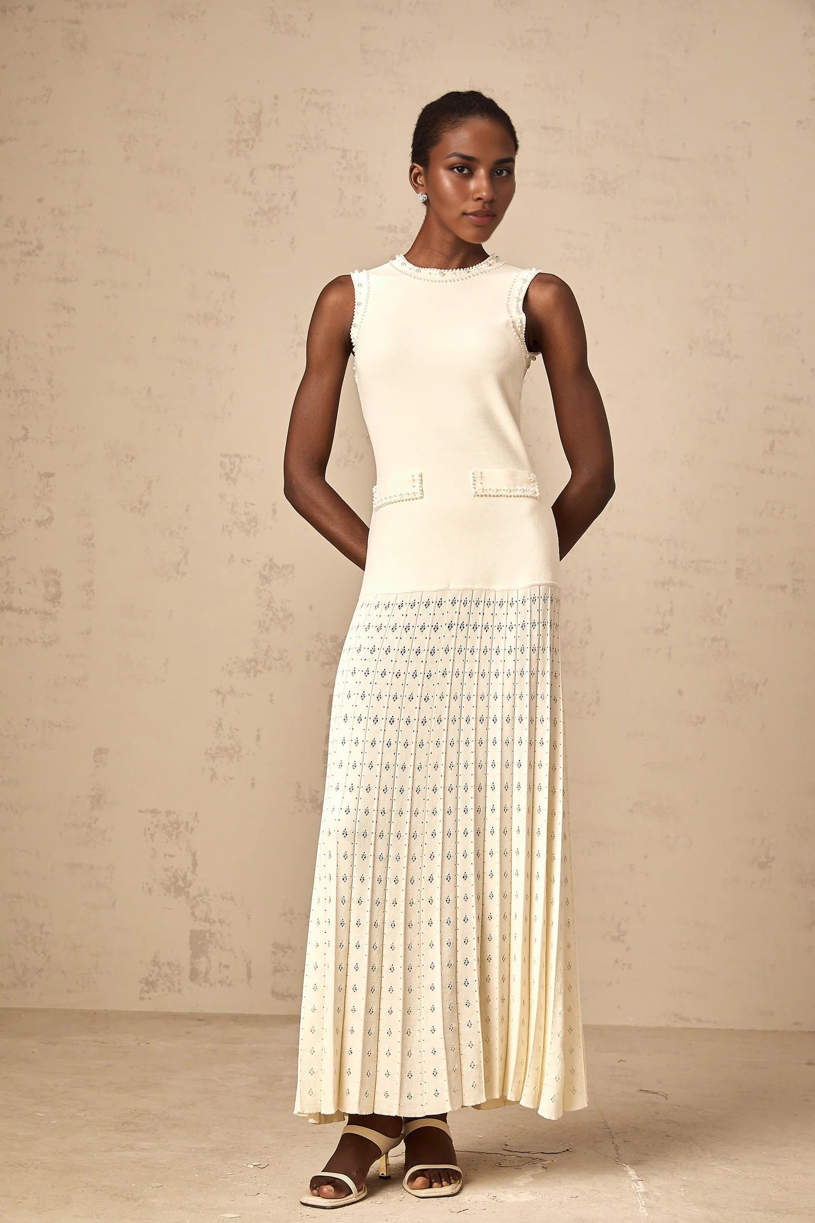 Ivory Beaded Sleeveless Pleated Maxi Dress white faux-pearl knitted maxi dress Evening Dress