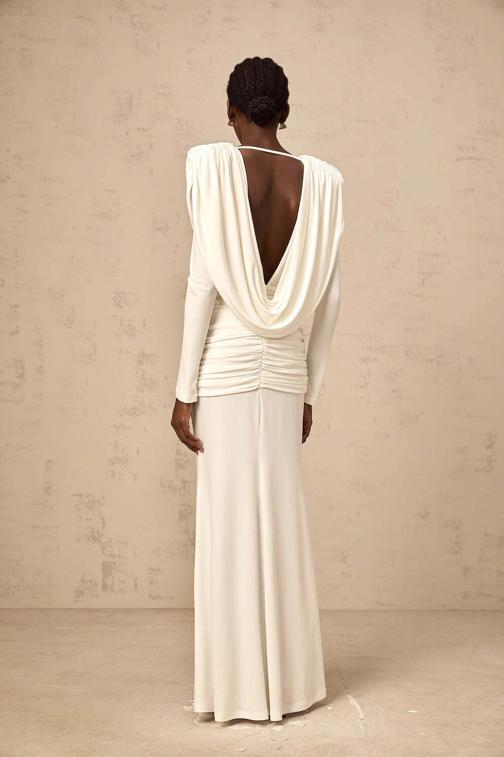 Ivory Cowl Neck Long Sleeve Maxi Dress with Open Back Wanda white ruched fitted maxi dress Evening Dress