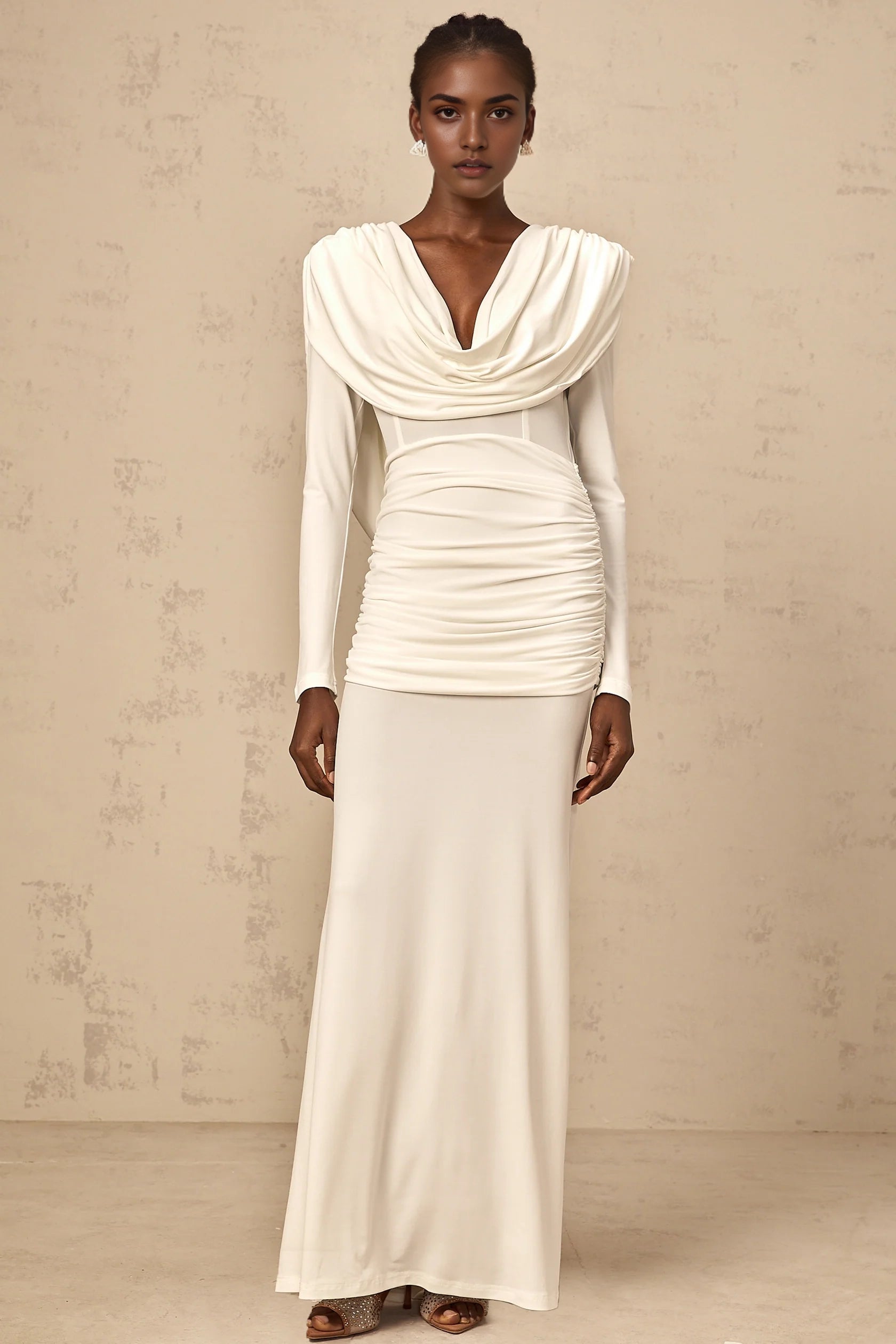 Ivory Cowl Neck Long Sleeve Maxi Dress with Open Back Wanda white ruched fitted maxi dress Evening Dress