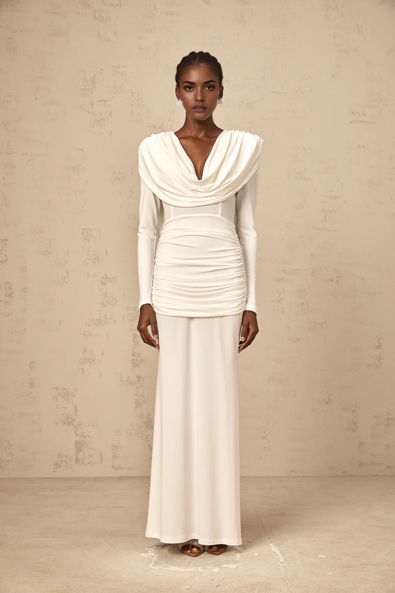 Ivory Cowl Neck Long Sleeve Maxi Dress with Open Back Wanda white ruched fitted maxi dress Evening Dress