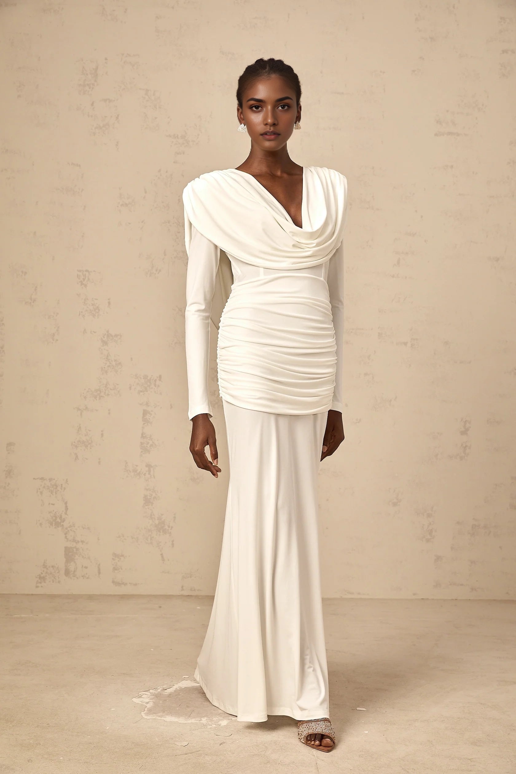 Ivory Cowl Neck Long Sleeve Maxi Dress with Open Back Wanda white ruched fitted maxi dress Evening Dress