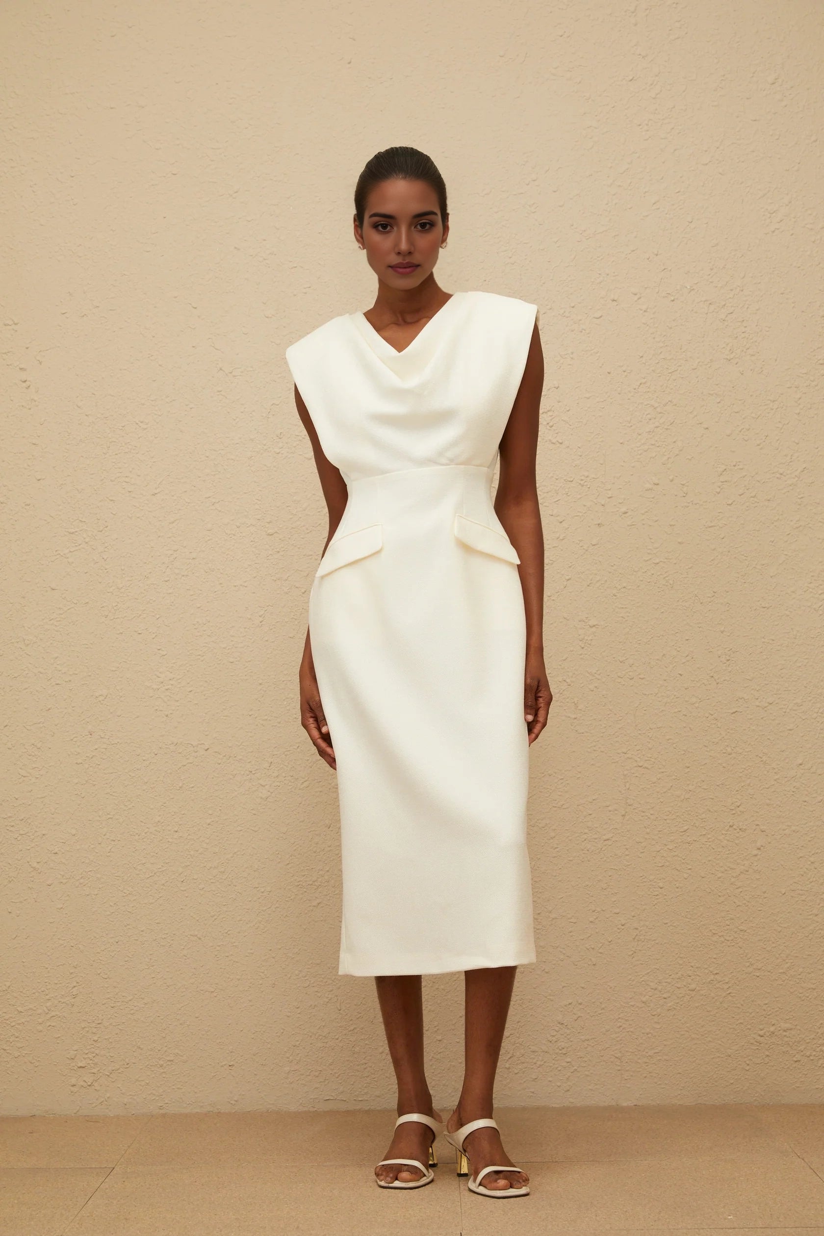 Ivory Cowl Neck Midi Dress with Structured Shoulders Ondine White Cowl-Neck Pencil Midi Dress Evening Dress